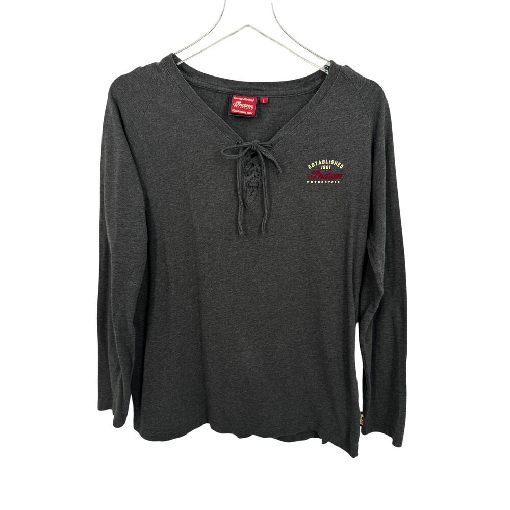 Indian Motorcycle blouse women's large lace up V neck logo studded charcoal gray